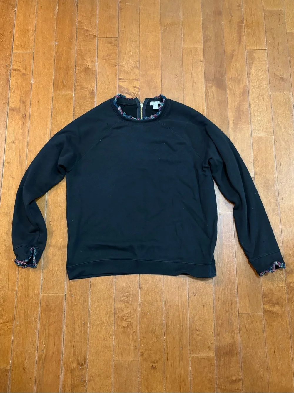 J. Crew Crewneck Sweatshirt Black with Ruffle Sleeves and Neckline Details Large